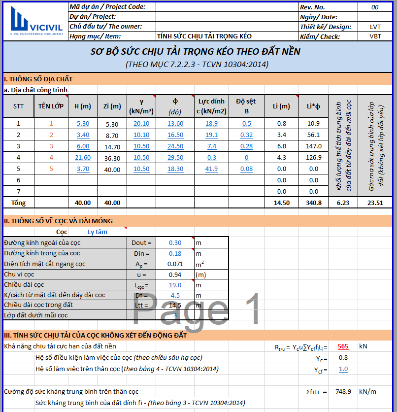 SƠ BỘ SỨC CHỊU TẢI TRỌNG KÉO CỦA ĐẤT NỀN THEO TCVN 10304:2014 -EXCEL 86