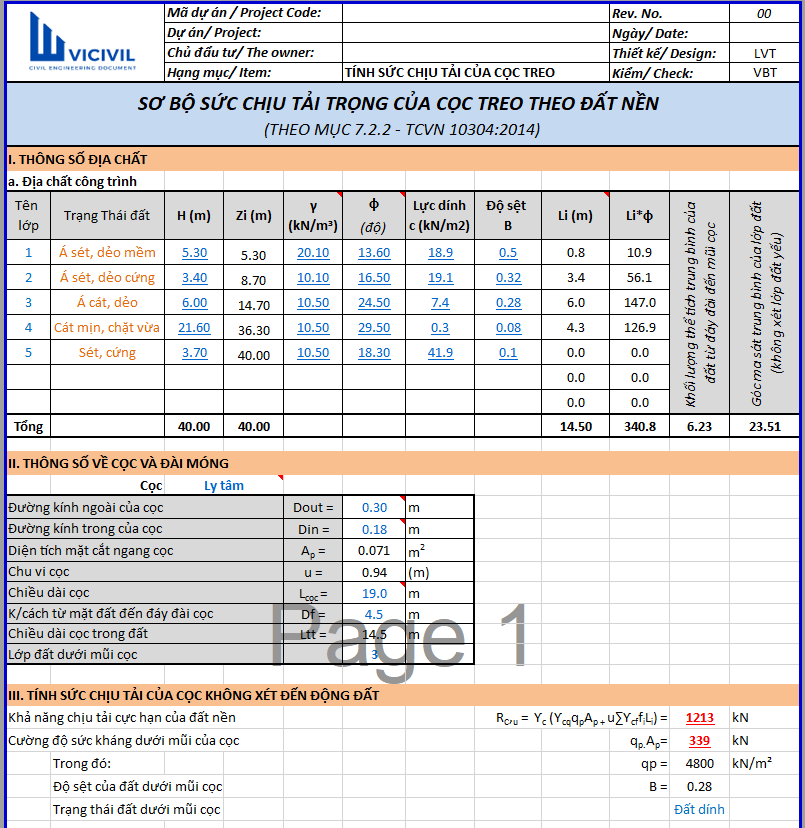 SƠ BỘ SCT CỌC THEO ĐẤT NỀN KHI XÉT TÁC DỤNG CỦA ĐỘNG ĐẤT THEO TCVN 10304:2014 - Vobaotoan.com